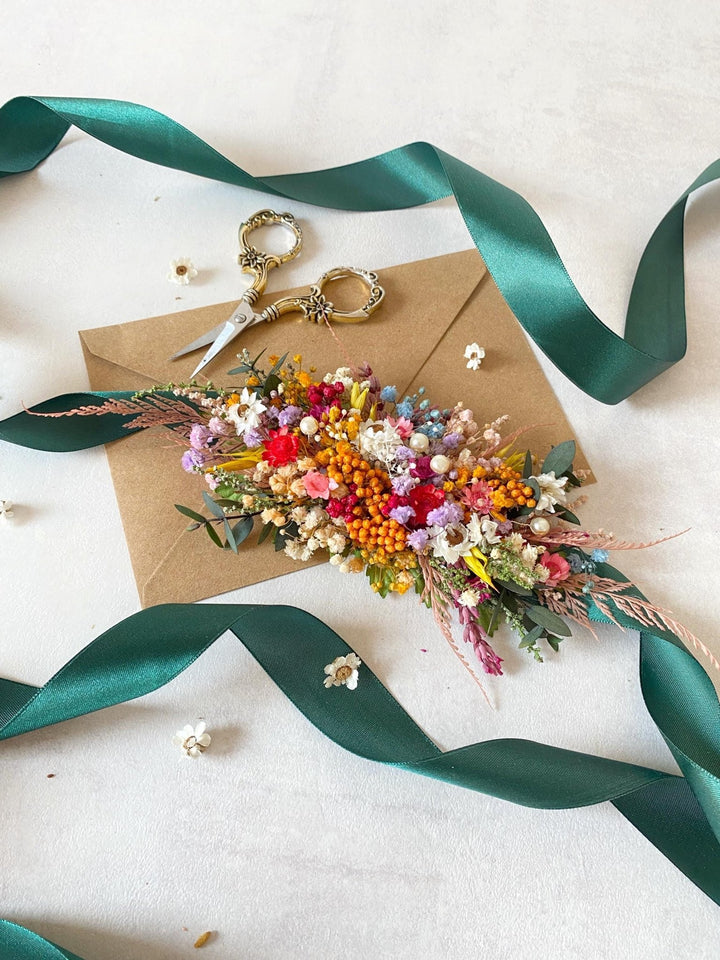 Preserved Flower Bridal Belt: Colorful Meadow Wedding Sash – handmade floral hair accessory by magaela