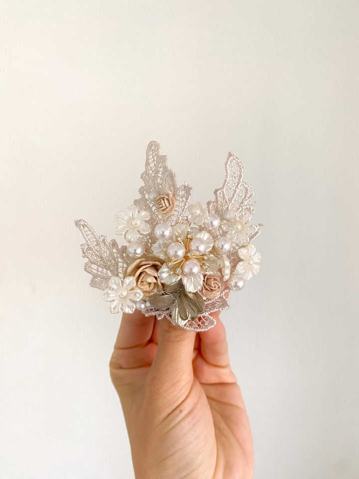 Glamour Flower Brooch: Vintage Style Pearls & Lace - Mocha Mousse – handmade floral hair accessory by magaela