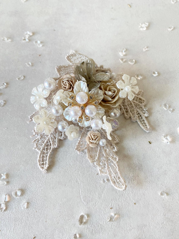 Glamour Flower Brooch: Vintage Style Pearls & Lace - Mocha Mousse – handmade floral hair accessory by magaela
