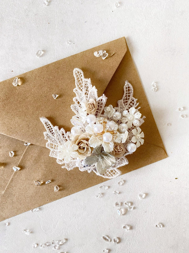 Glamour Flower Brooch: Vintage Style Pearls & Lace - Mocha Mousse – handmade floral hair accessory by magaela
