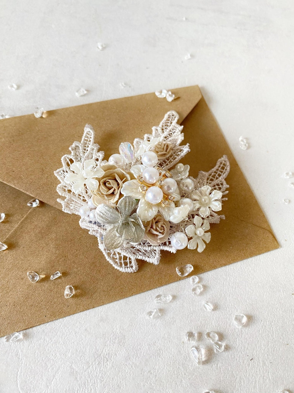 Glamour Flower Brooch: Vintage Style Pearls & Lace - Mocha Mousse – handmade floral hair accessory by magaela