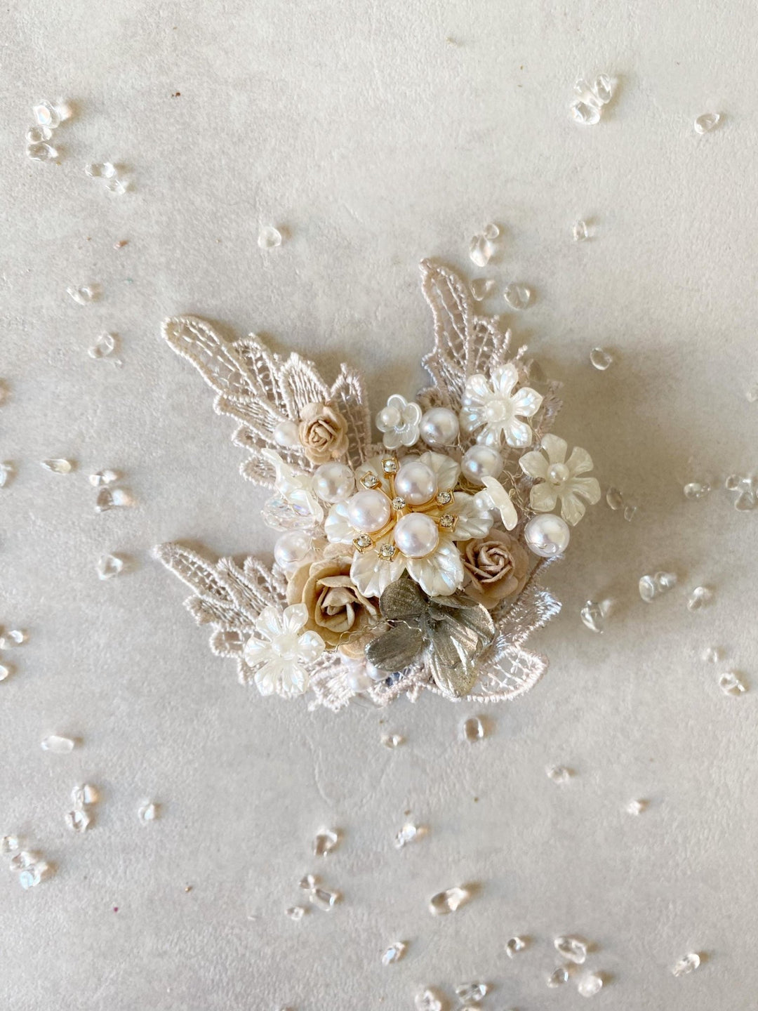 Glamour Flower Brooch: Vintage Style Pearls & Lace - Mocha Mousse – handmade floral hair accessory by magaela