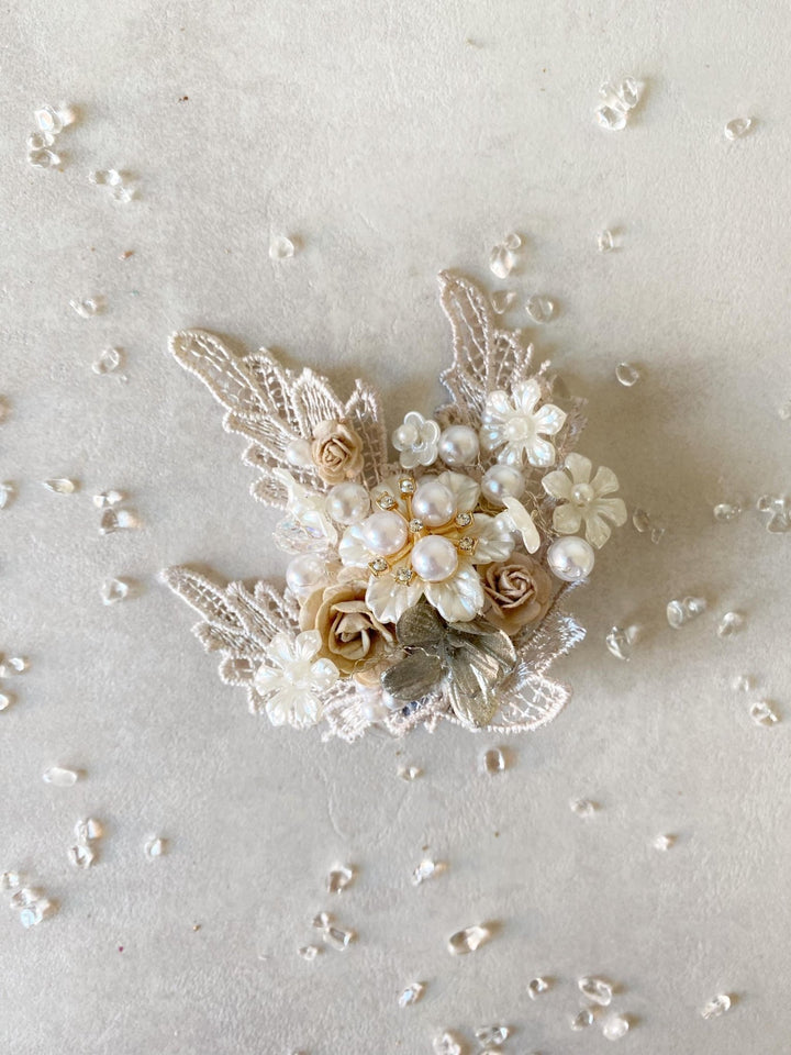 Glamour Flower Brooch: Vintage Style Pearls & Lace - Mocha Mousse – handmade floral hair accessory by magaela