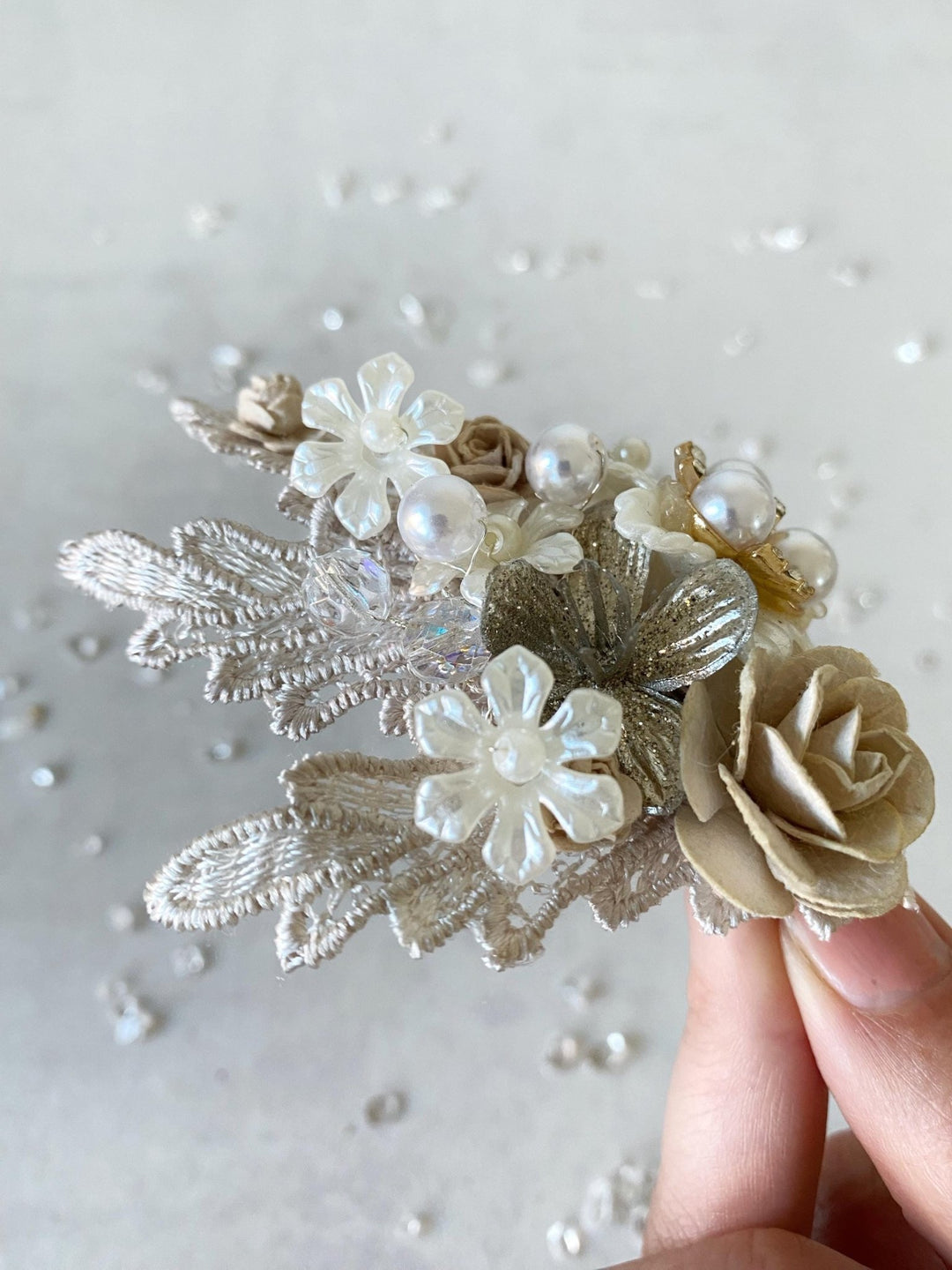 Glam Flower Hair Clip: Bridal Pearl & Lace Barrette – handmade floral hair accessory by magaela