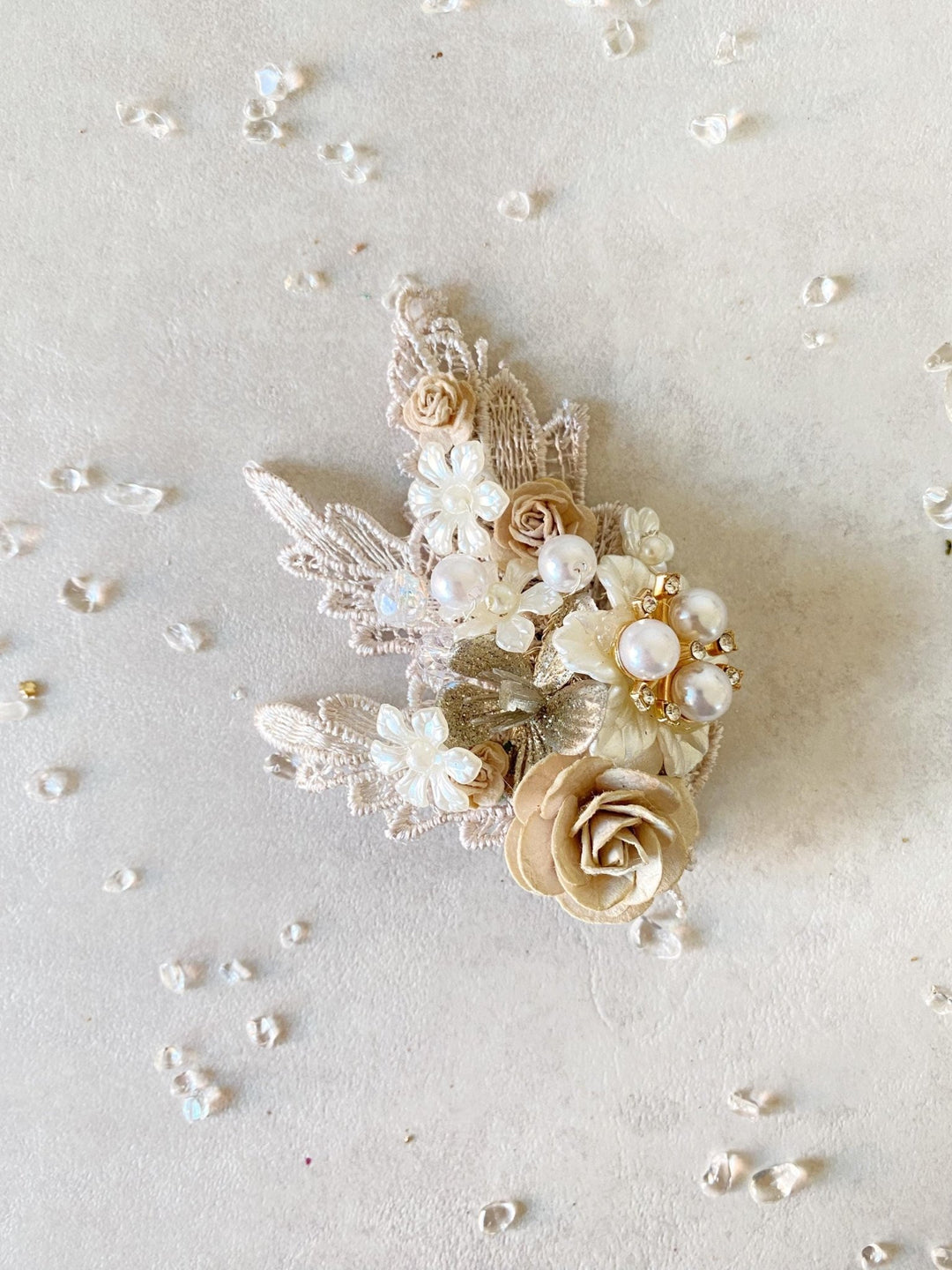 Glam Flower Hair Clip: Bridal Pearl & Lace Barrette – handmade floral hair accessory by magaela