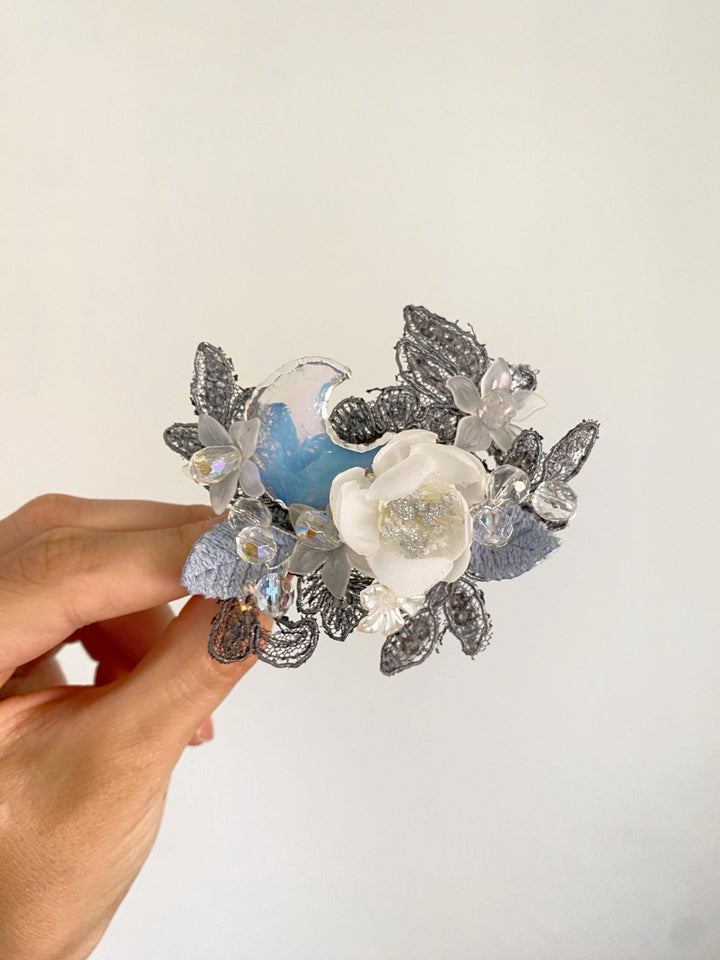 Glamour Flower Brooch with Moon: Romantic DG Style Brooch – handmade floral hair accessory by magaela