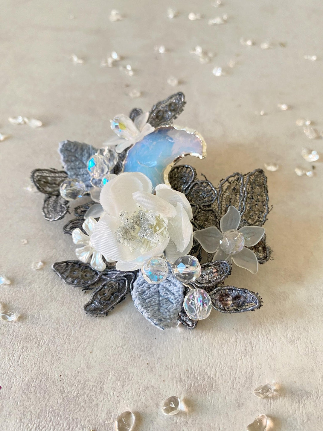 Glamour Flower Brooch with Moon: Romantic DG Style Brooch – handmade floral hair accessory by magaela