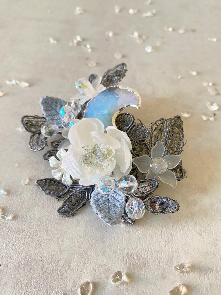Glamour Flower Brooch with Moon: Romantic DG Style Brooch – handmade floral hair accessory by magaela