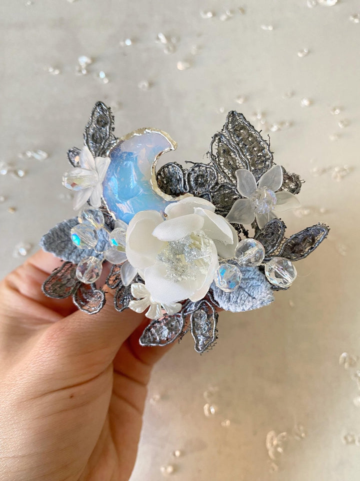 Glamour Flower Brooch with Moon: Romantic DG Style Brooch – handmade floral hair accessory by magaela