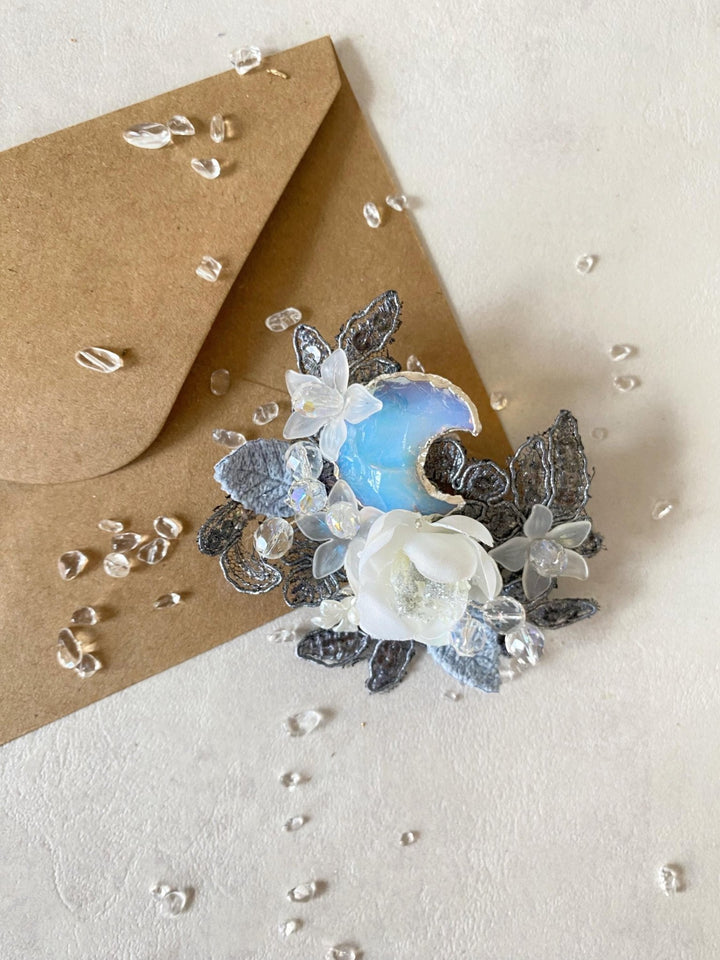 Glamour Flower Brooch with Moon: Romantic DG Style Brooch – handmade floral hair accessory by magaela