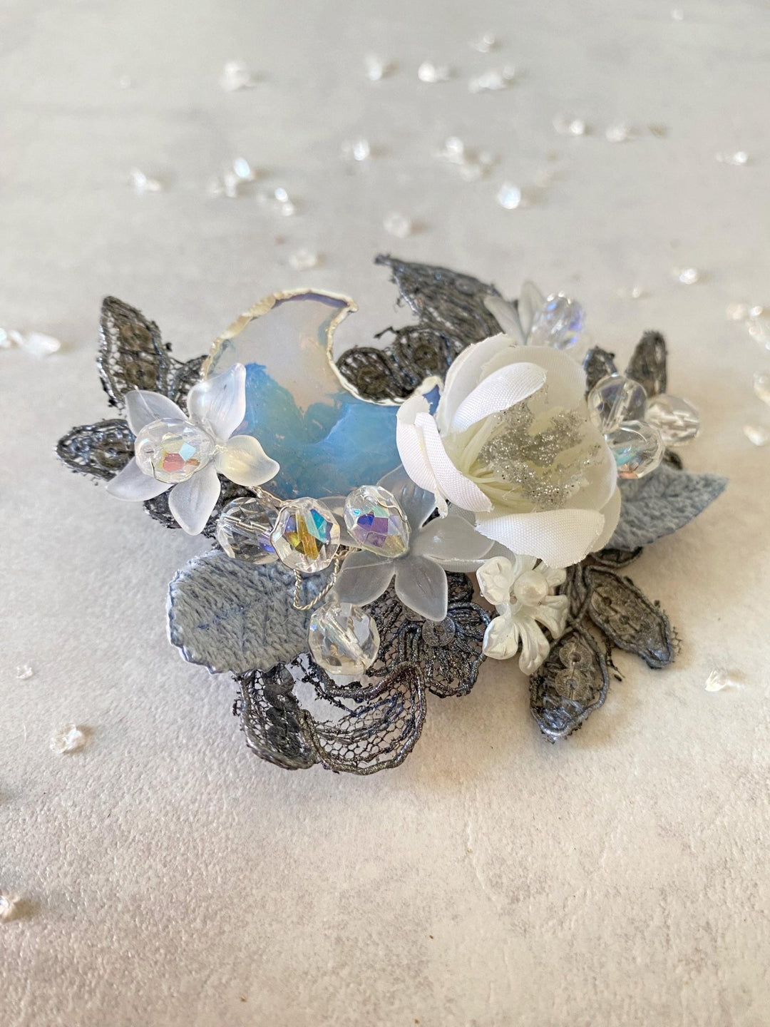 Glamour Flower Brooch with Moon: Romantic DG Style Brooch – handmade floral hair accessory by magaela