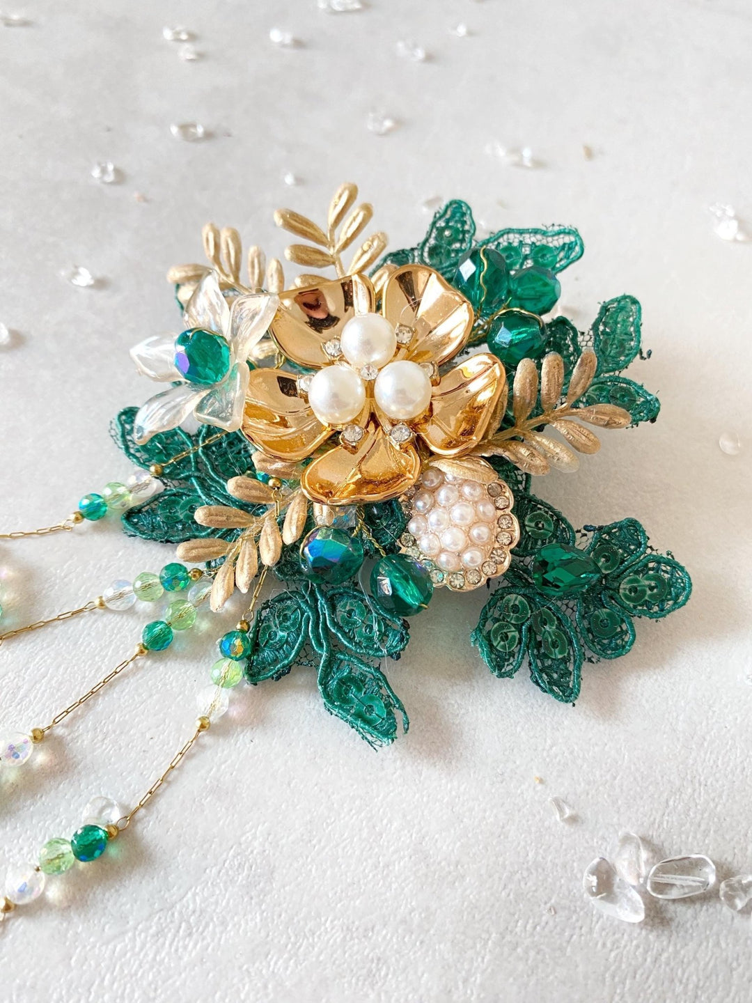 Emerald Green & Gold Flower Brooch – Glam Wedding Jewelry • Luxury Floral Pin – handmade floral hair accessory by magaela