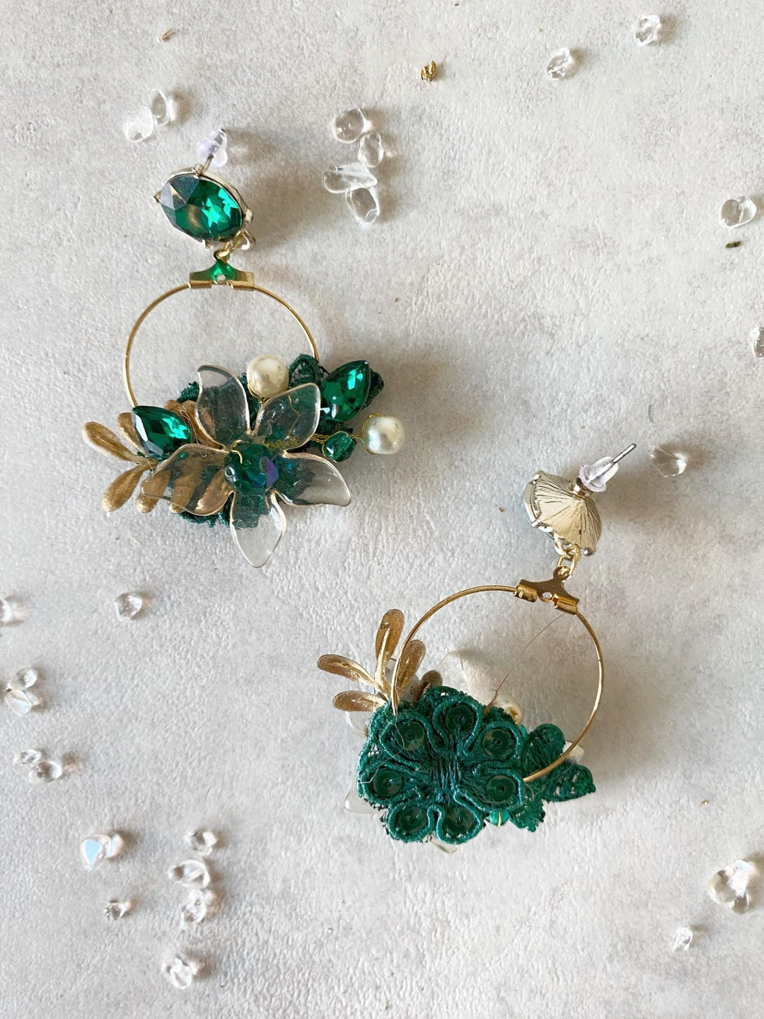 Emerald Green Flower Earrings: Gold Tone Studs, Bridal Jewelry – handmade floral hair accessory by magaela