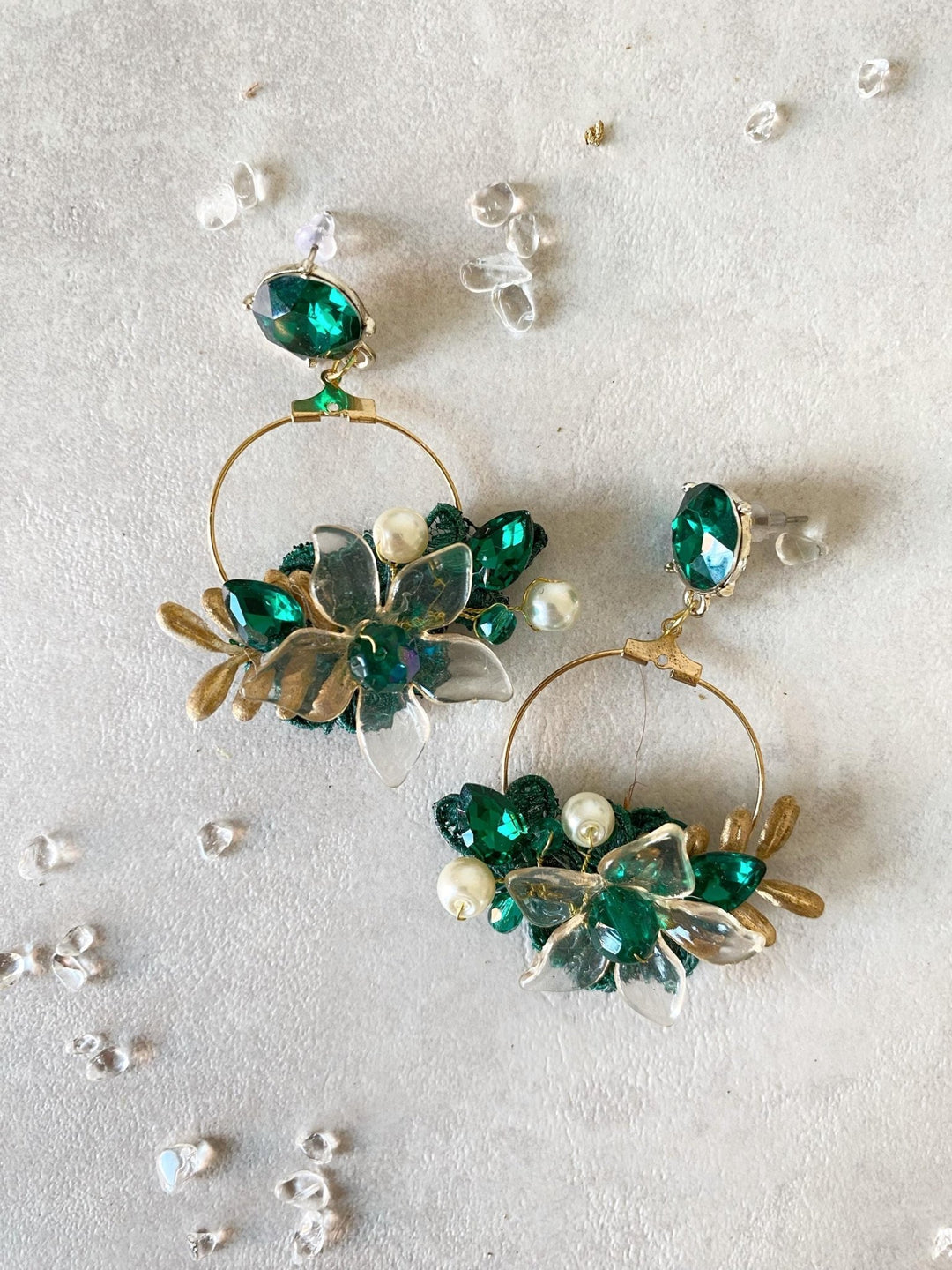 Emerald Green Flower Earrings: Gold Tone Studs, Bridal Jewelry – handmade floral hair accessory by magaela
