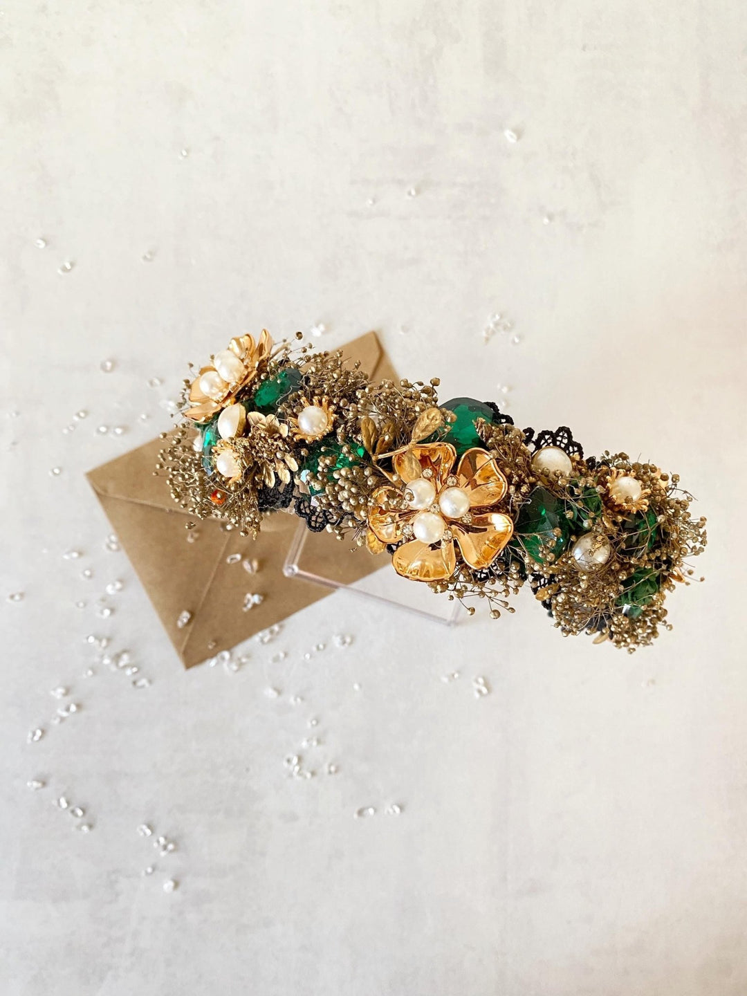 Emerald Green & Gold Glam Crown: Bridal Flower Headband – handmade floral hair accessory by magaela