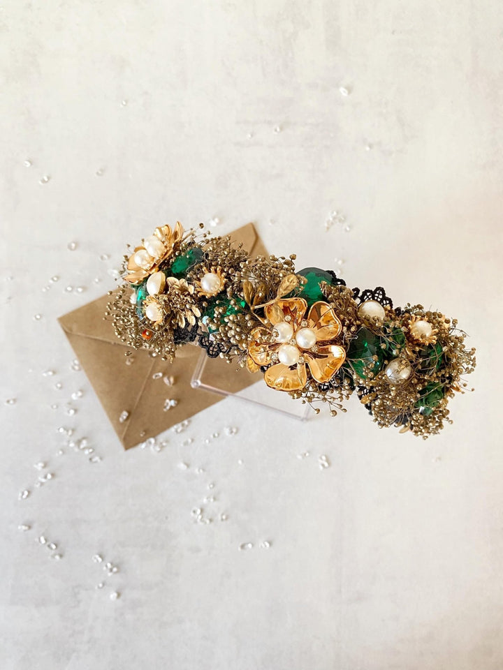 Emerald Green & Gold Glam Crown: Bridal Flower Headband – handmade floral hair accessory by magaela
