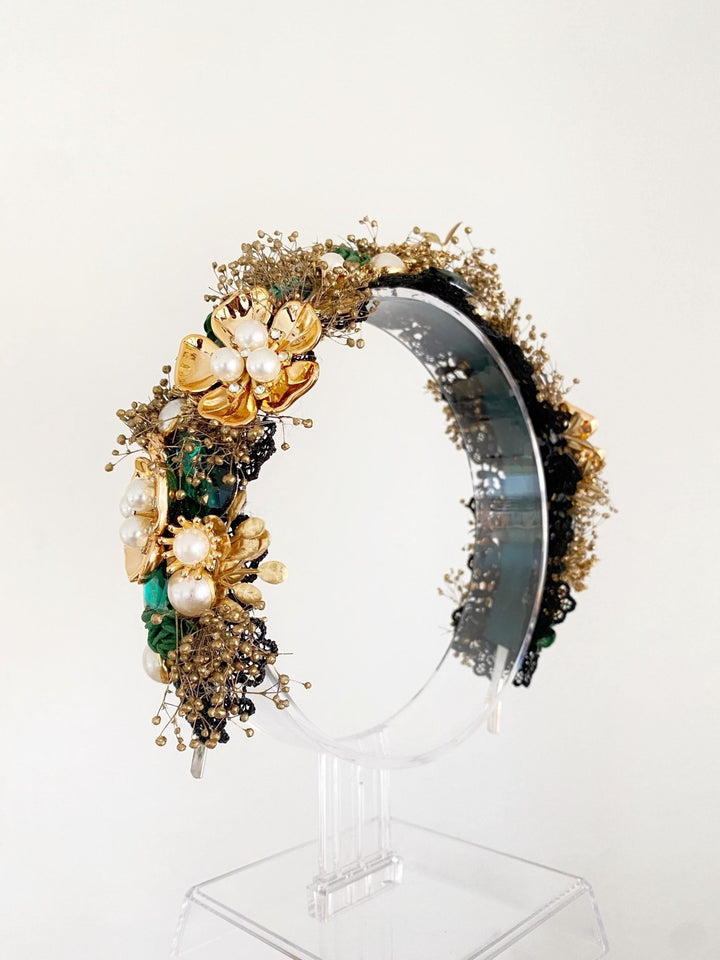 Emerald Green & Gold Glam Crown: Bridal Flower Headband – handmade floral hair accessory by magaela