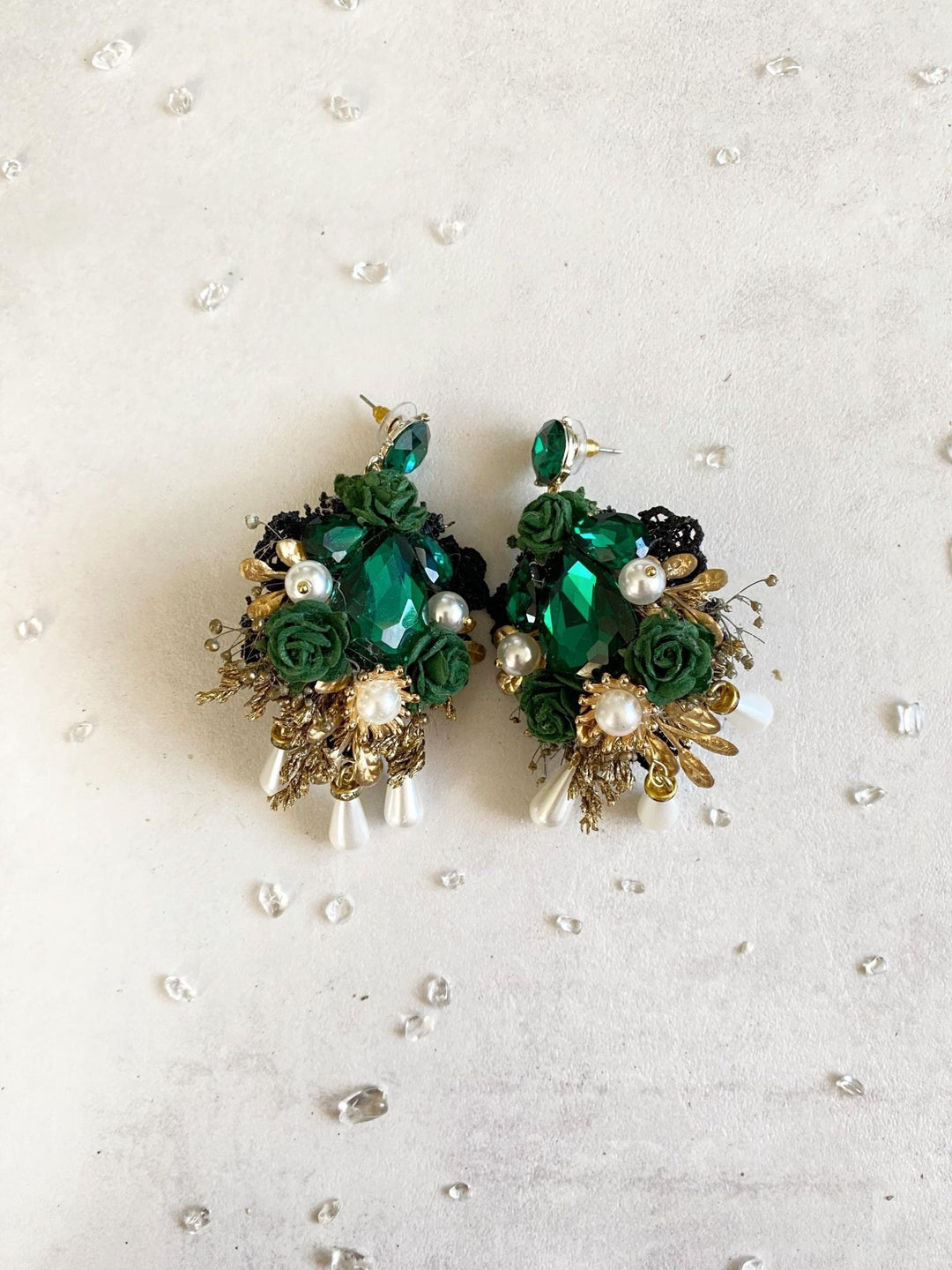 Emerald Green & Gold Glamour Earrings: Wedding Bridal Jewelry – handmade floral hair accessory by magaela