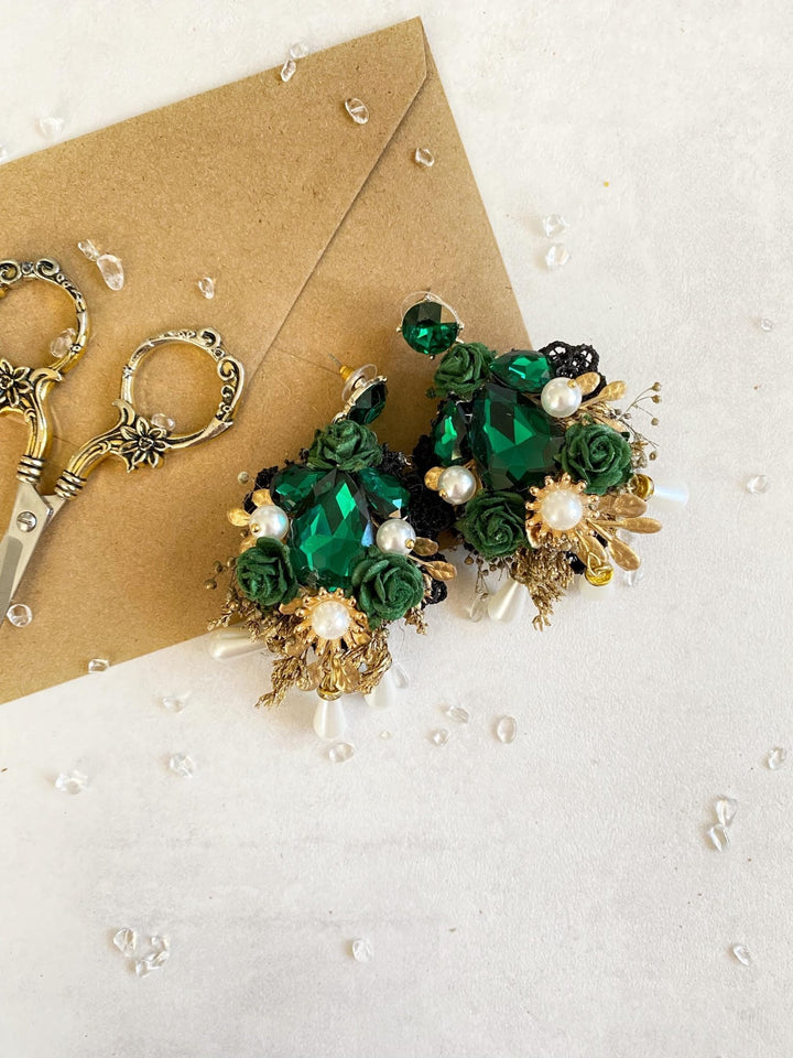 Emerald Green & Gold Glamour Earrings: Wedding Bridal Jewelry – handmade floral hair accessory by magaela