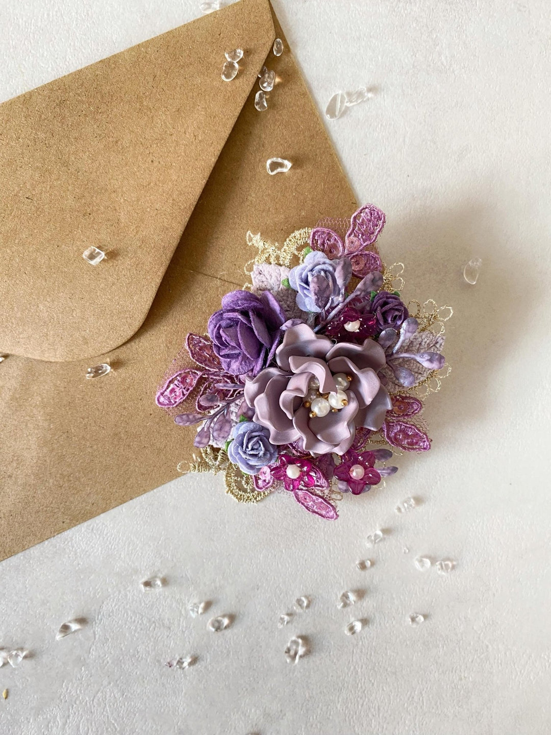 Purple Glam Flower Brooch: Luxury Floral Jewelry with Pearls & Lace (Limited Edition) – handmade floral hair accessory by magaela