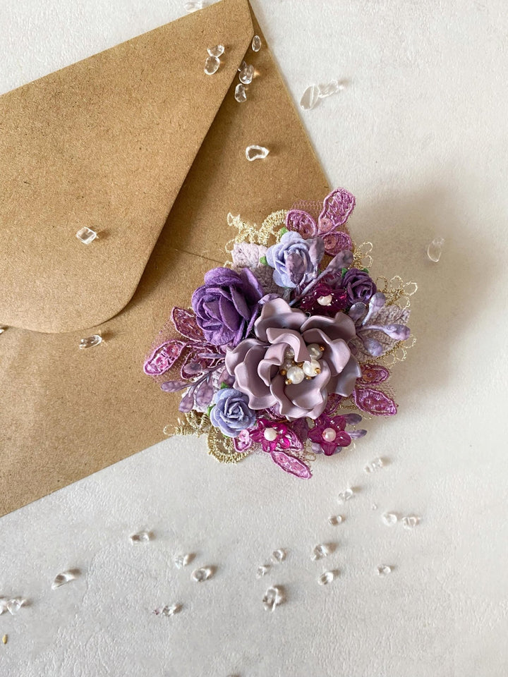 Purple Glam Flower Brooch: Luxury Floral Jewelry with Pearls & Lace (Limited Edition) – handmade floral hair accessory by magaela