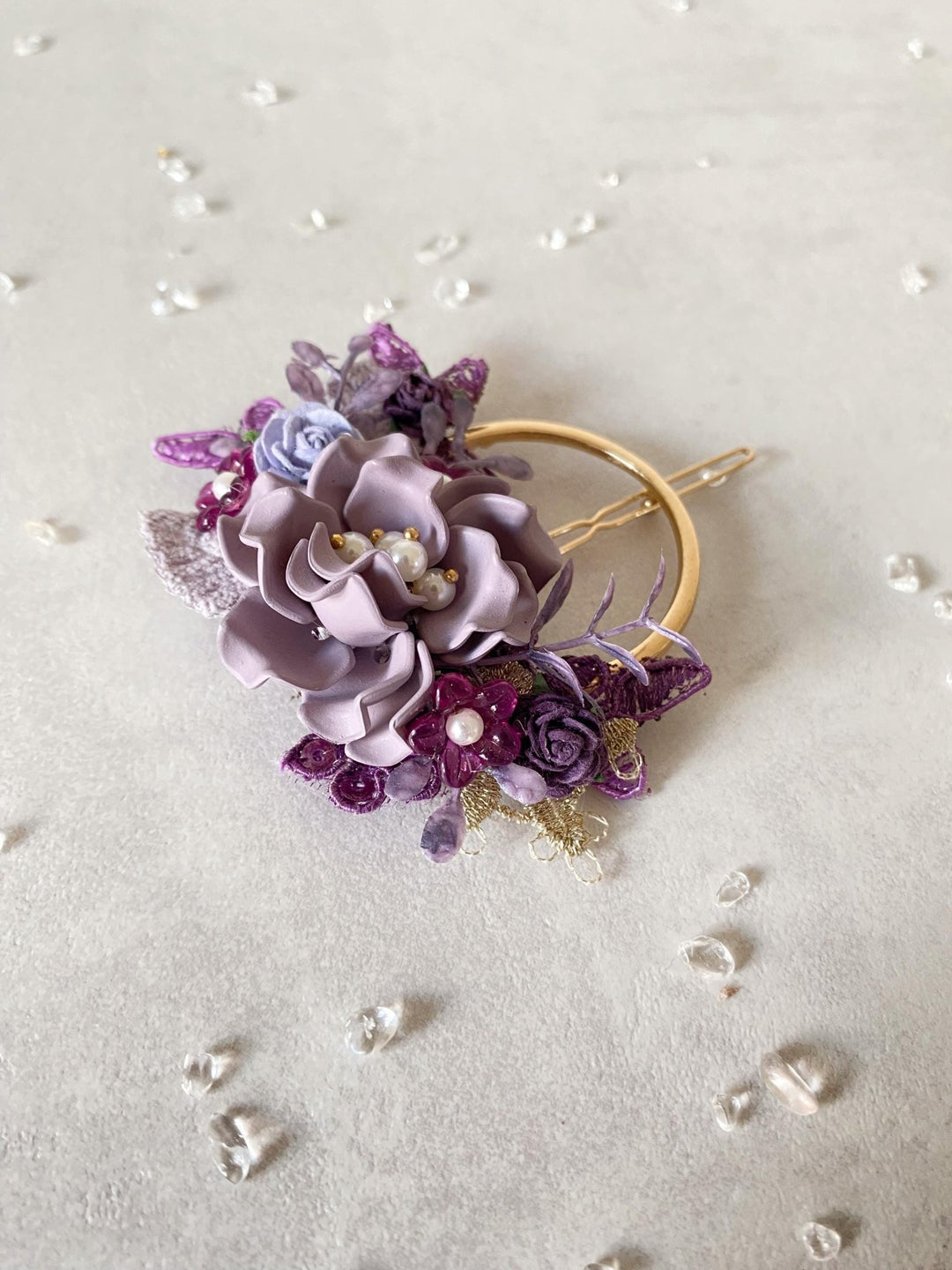 Purple Flower Hair Clip: Romantic Lace & Pearl Bridal Accessory – handmade floral hair accessory by magaela