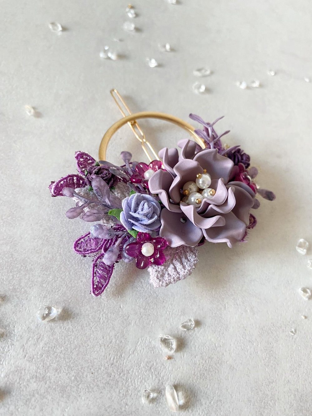 Purple Flower Hair Clip: Romantic Lace & Pearl Bridal Accessory – handmade floral hair accessory by magaela