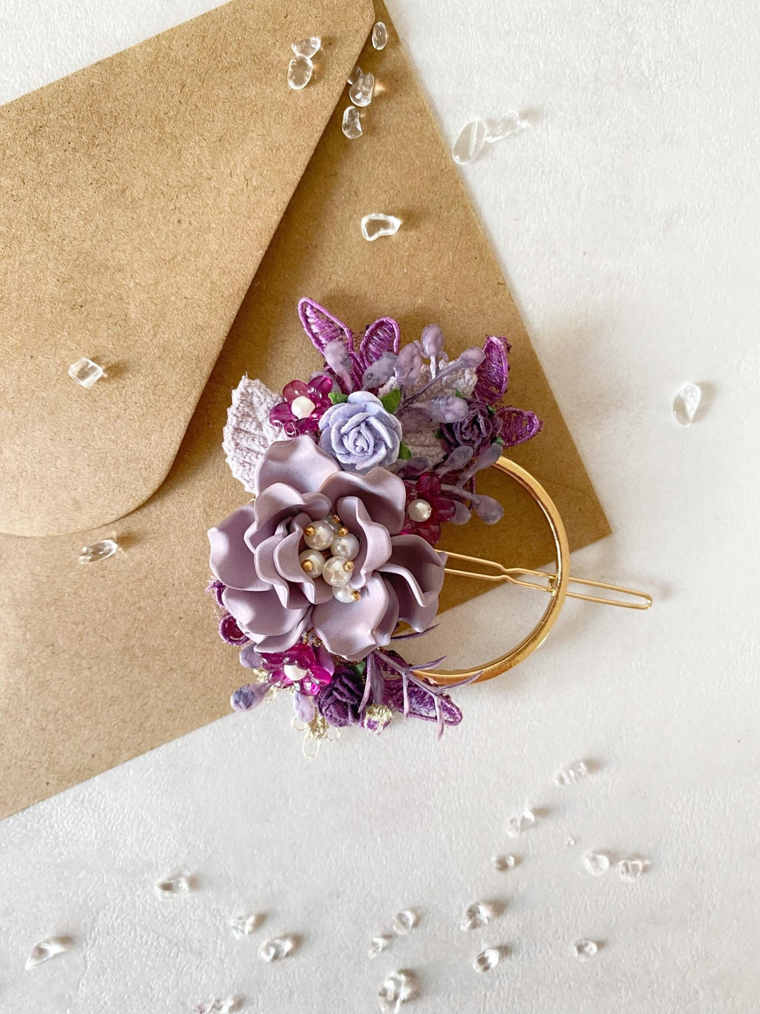 Purple Flower Hair Clip: Romantic Lace & Pearl Bridal Accessory – handmade floral hair accessory by magaela