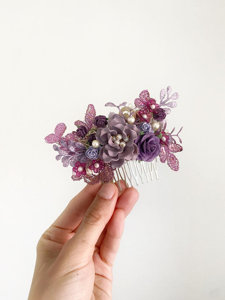 Glam Purple Flower Hair Comb: Luxury Bridal Hair Jewelry – handmade floral hair accessory by magaela