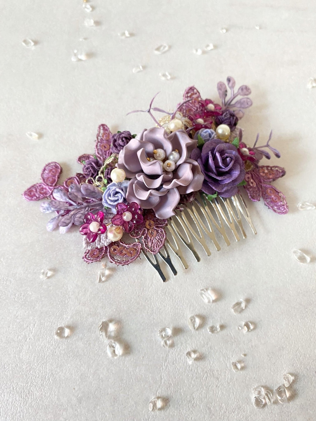 Glam Purple Flower Hair Comb: Luxury Bridal Hair Jewelry – handmade floral hair accessory by magaela