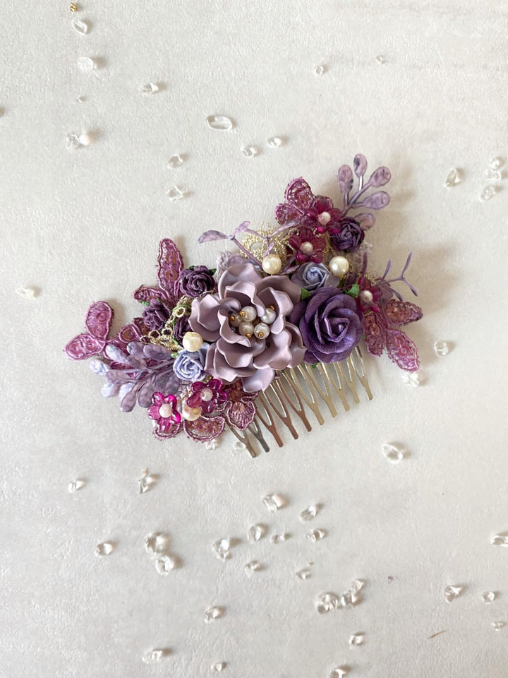 Glam Purple Flower Hair Comb: Luxury Bridal Hair Jewelry – handmade floral hair accessory by magaela