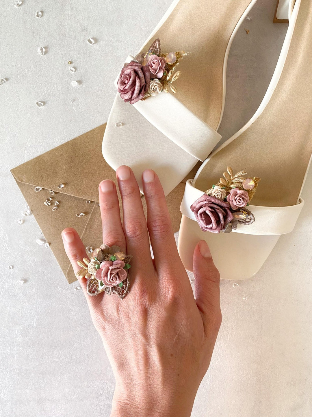 Glam Flower Shoe Clips: Old Pink Wedding Bridal Accessory – handmade floral hair accessory by magaela