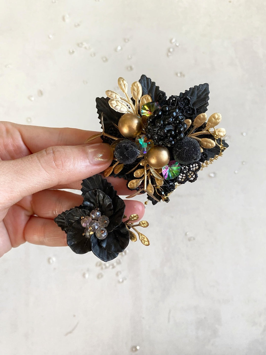Black & Gold Glamour Flower Brooch - Magaela Limited Edition – handmade floral hair accessory by magaela