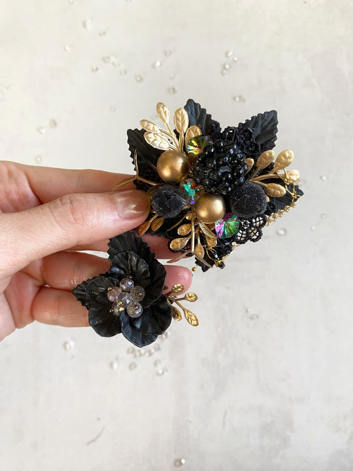 Black & Gold Glamour Flower Brooch - Magaela Limited Edition – handmade floral hair accessory by magaela