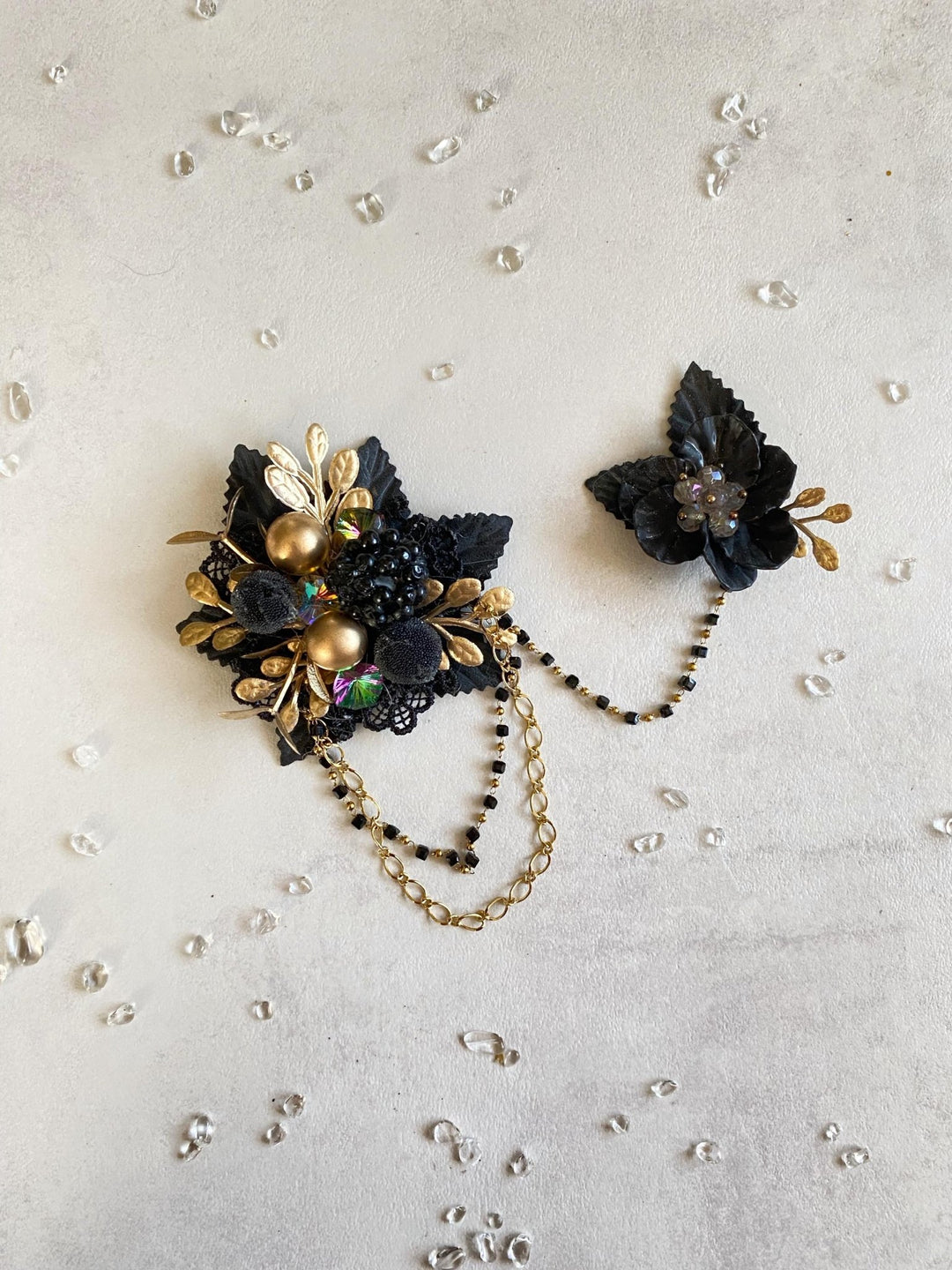 Black & Gold Glamour Flower Brooch - Magaela Limited Edition – handmade floral hair accessory by magaela