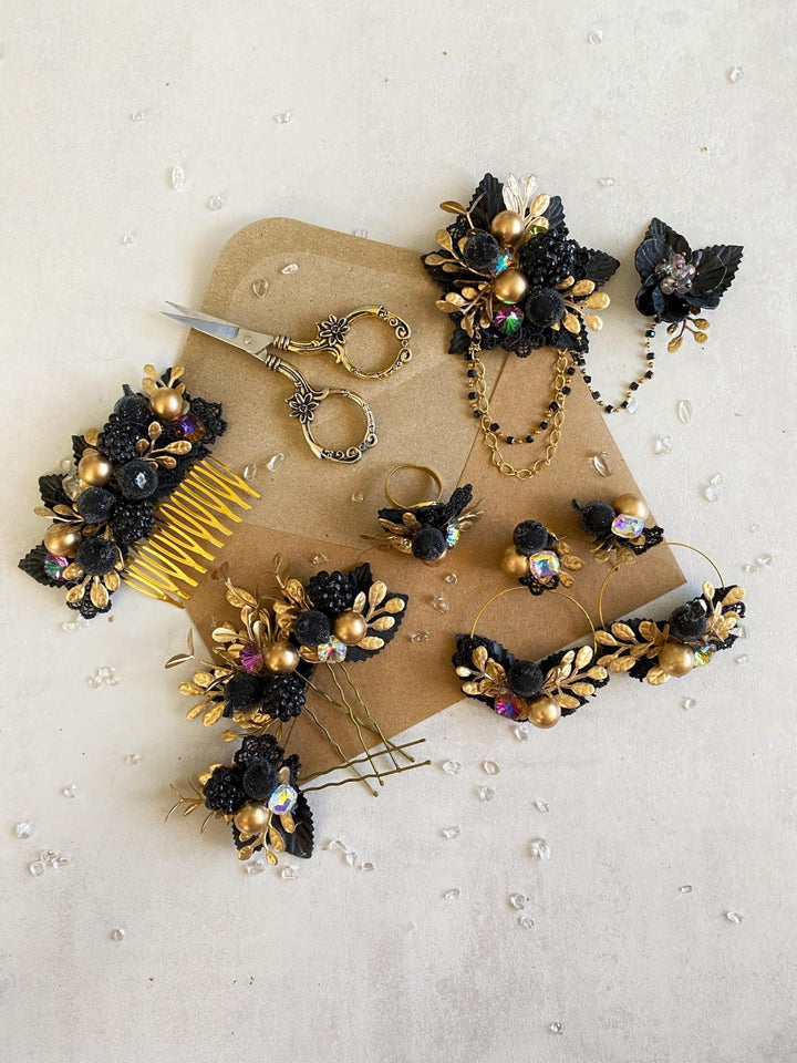 Black & Gold Glamour Flower Brooch - Magaela Limited Edition – handmade floral hair accessory by magaela