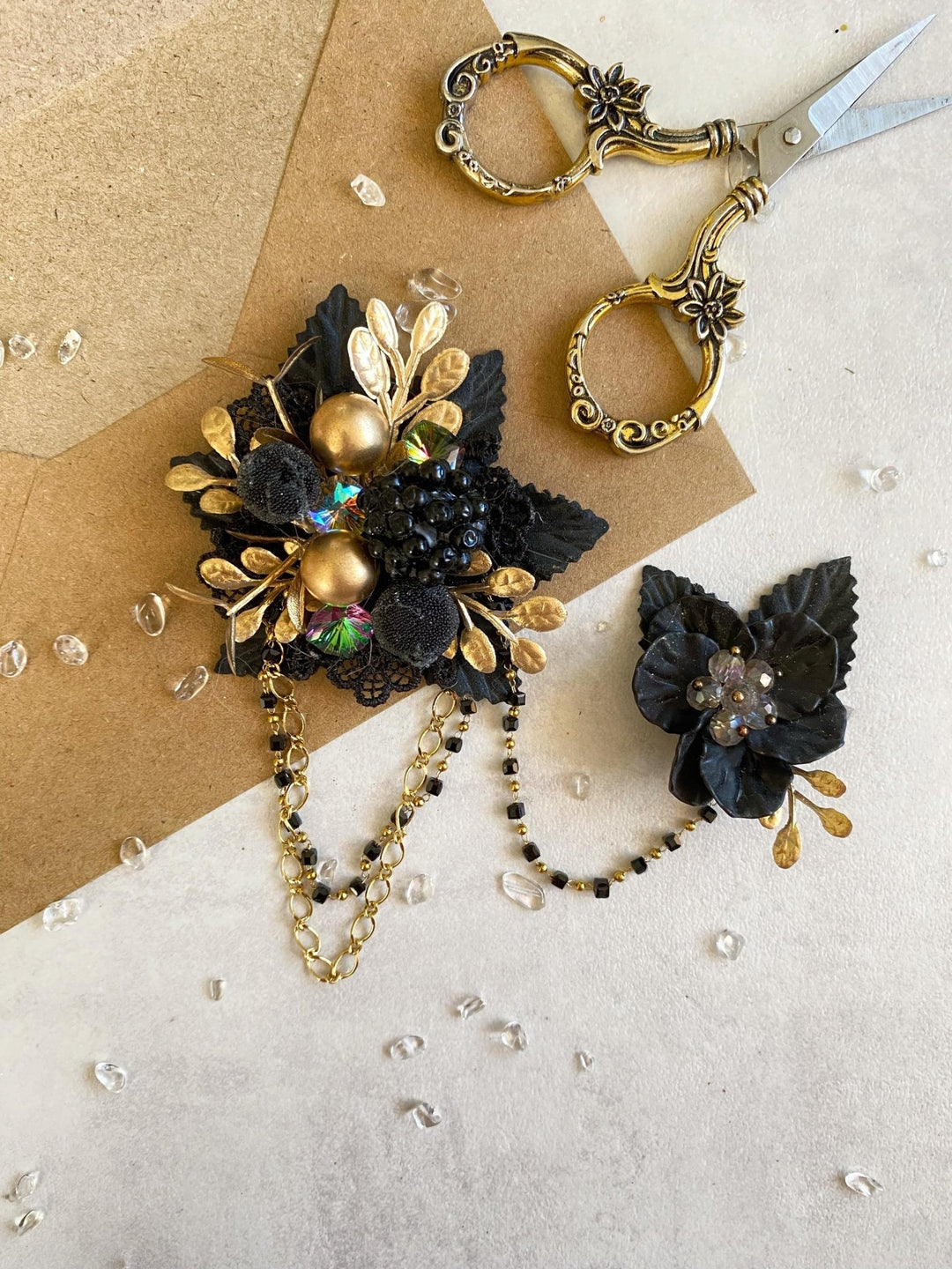 Black & Gold Glamour Flower Brooch - Magaela Limited Edition – handmade floral hair accessory by magaela