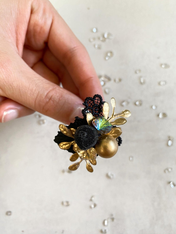 Glam Black Flower Ring: Bridal Floral Jewelry – handmade floral hair accessory by magaela