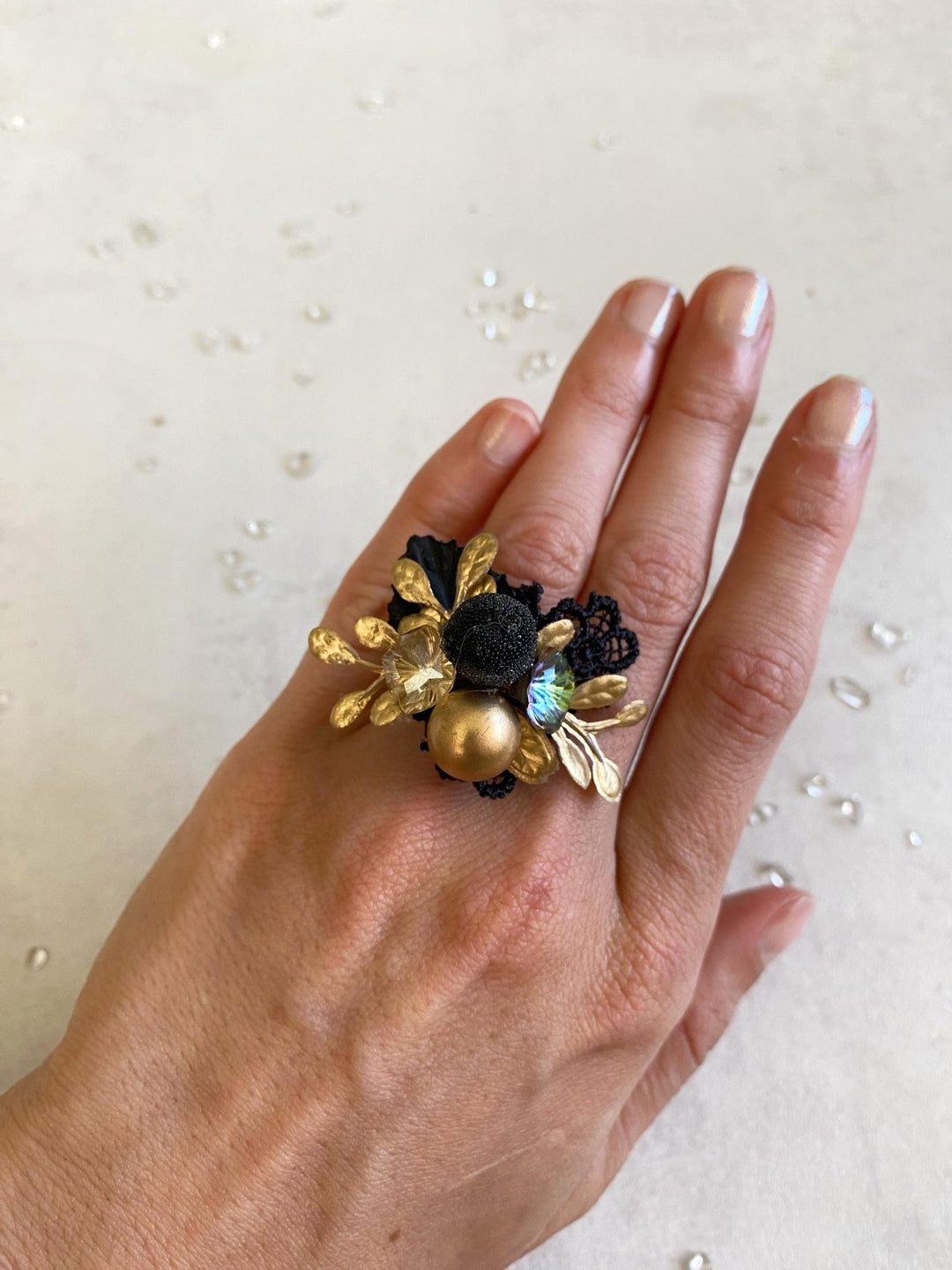 Glam Black Flower Ring: Bridal Floral Jewelry – handmade floral hair accessory by magaela