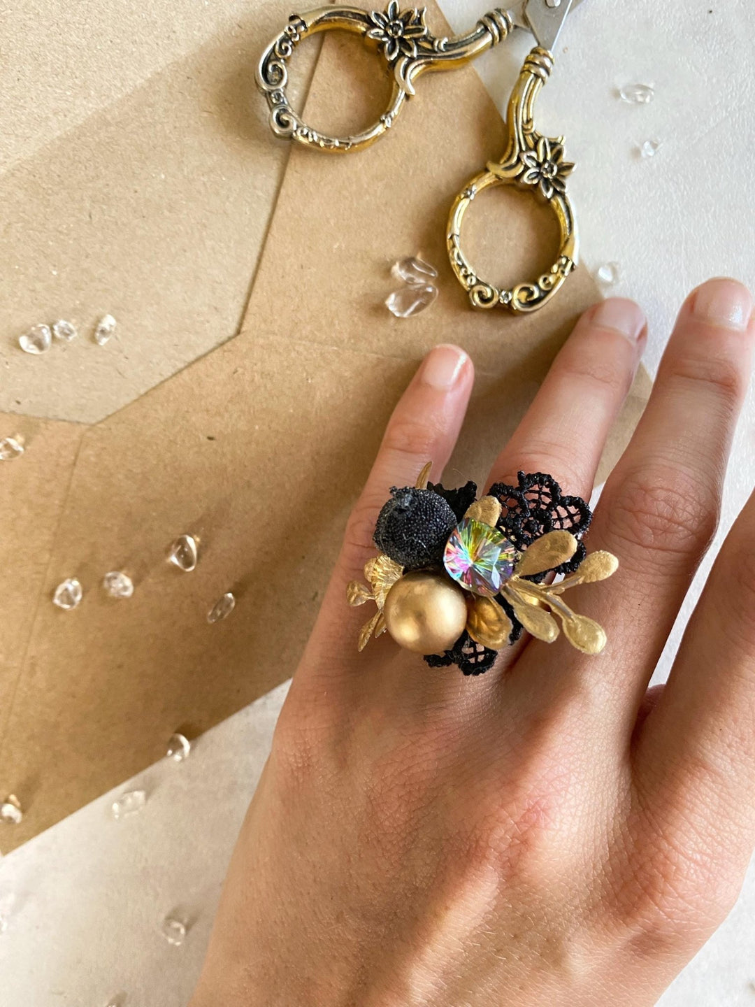 Glam Black Flower Ring: Bridal Floral Jewelry – handmade floral hair accessory by magaela