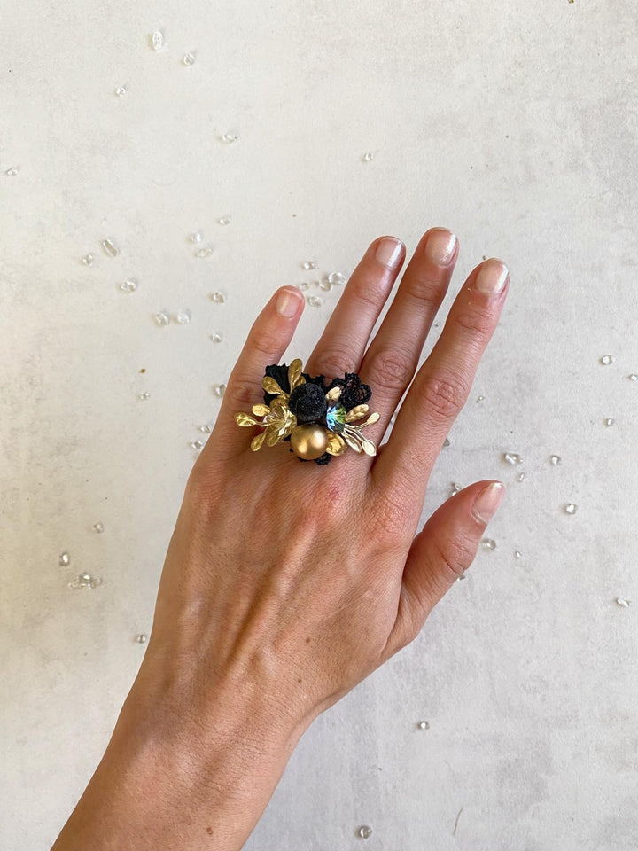 Glam Black Flower Ring: Bridal Floral Jewelry – handmade floral hair accessory by magaela