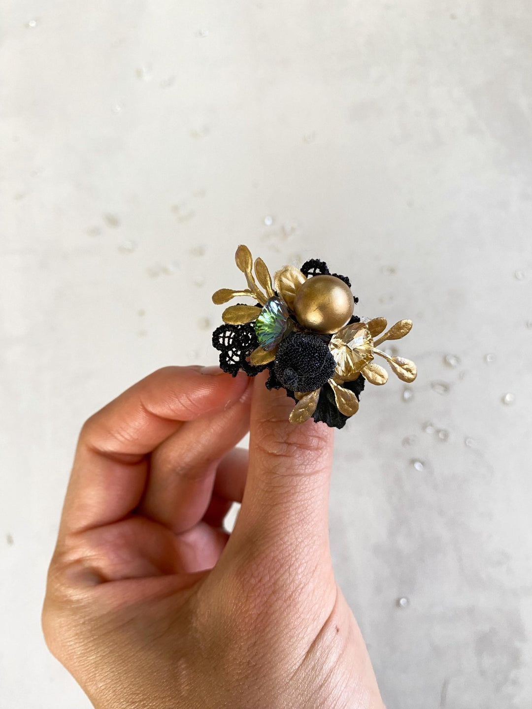 Glam Black Flower Ring: Bridal Floral Jewelry – handmade floral hair accessory by magaela