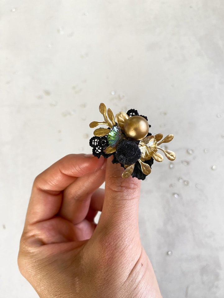 Glam Black Flower Ring: Bridal Floral Jewelry – handmade floral hair accessory by magaela