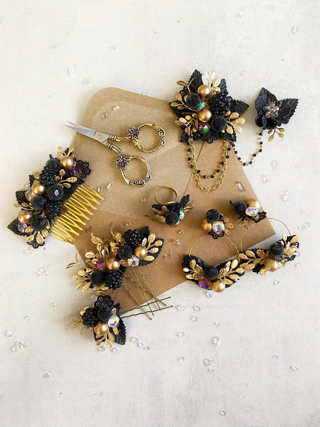 Glam Black Flower Ring: Bridal Floral Jewelry – handmade floral hair accessory by magaela