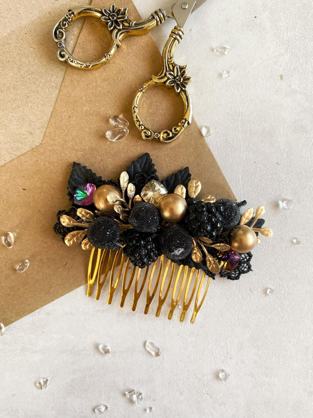Glam Gold & Black Floral Hair Comb: Luxury Bridal Jewelry – handmade floral hair accessory by magaela