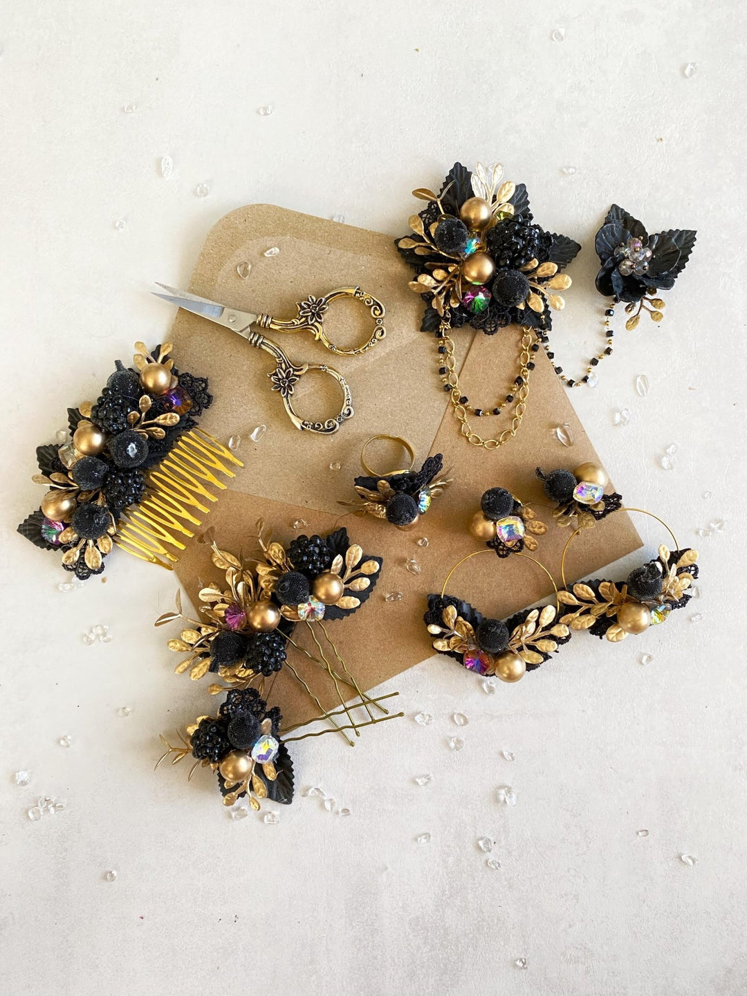 Black and Gold Floral Hair Pins: Glam Wedding Hair Accessory – handmade floral hair accessory by magaela