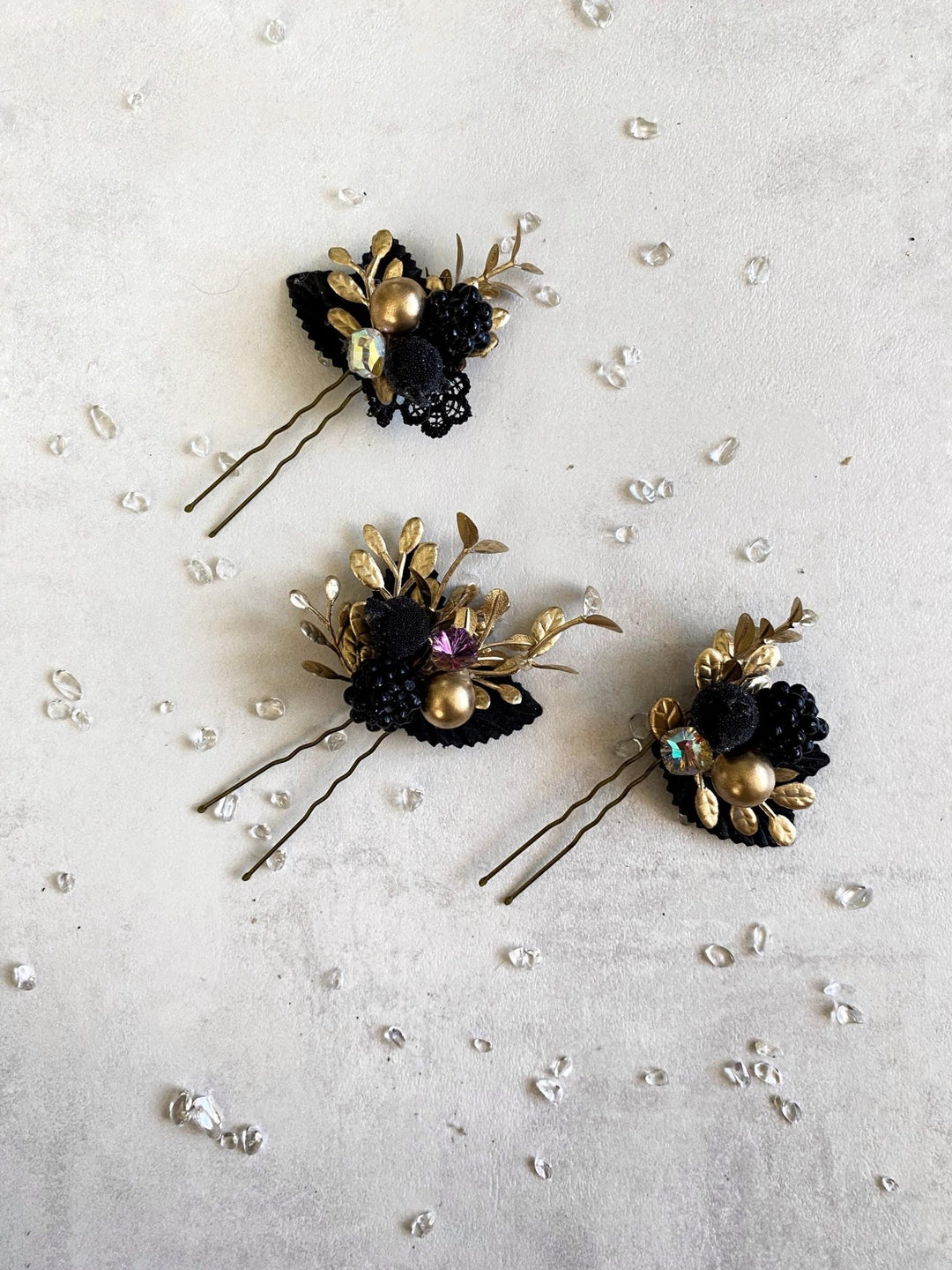 Black and Gold Floral Hair Pins: Glam Wedding Hair Accessory – handmade floral hair accessory by magaela