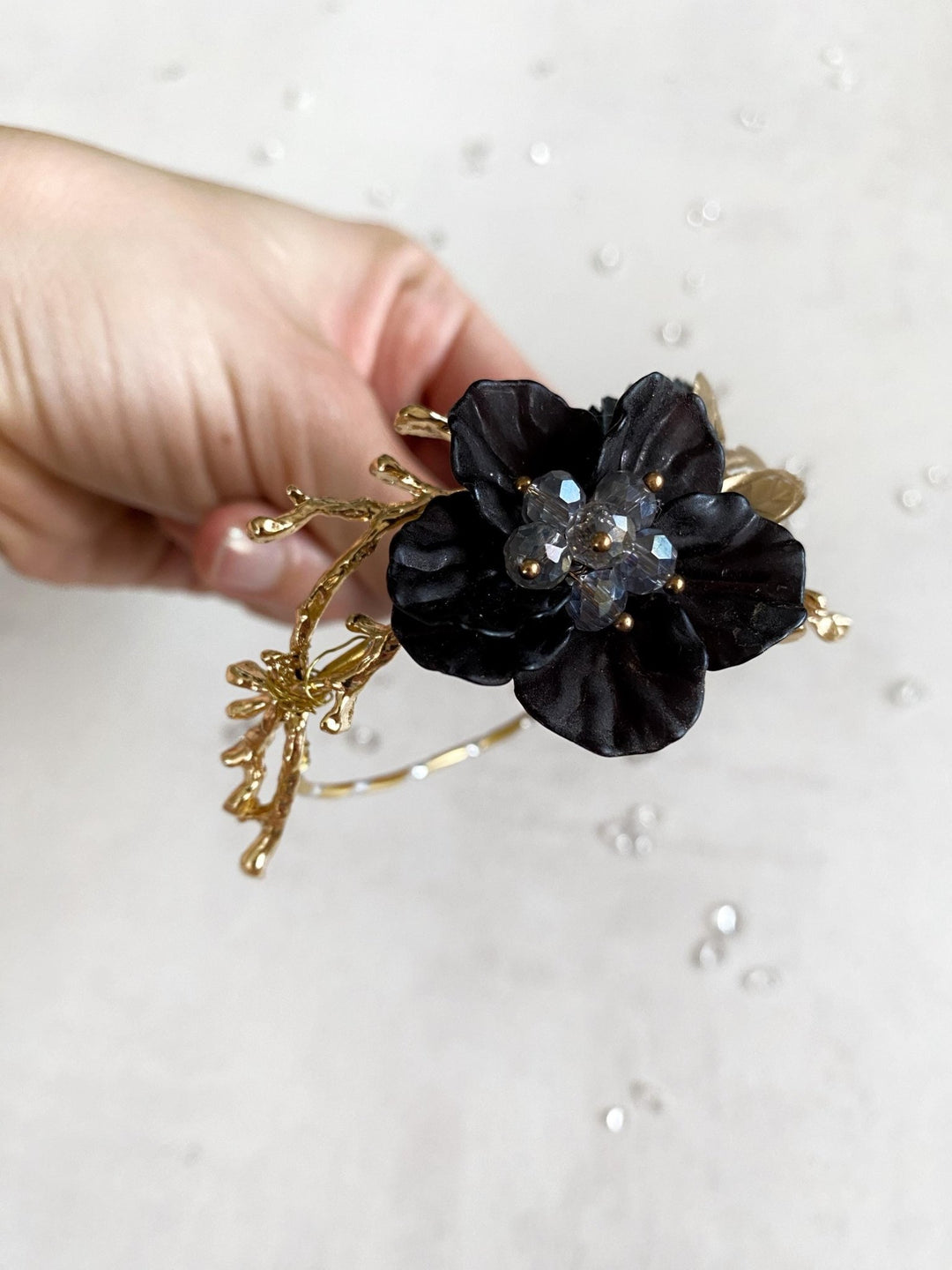 Black & Gold Flower Bracelet: Glam Wedding Wrist Corsage – handmade floral hair accessory by magaela