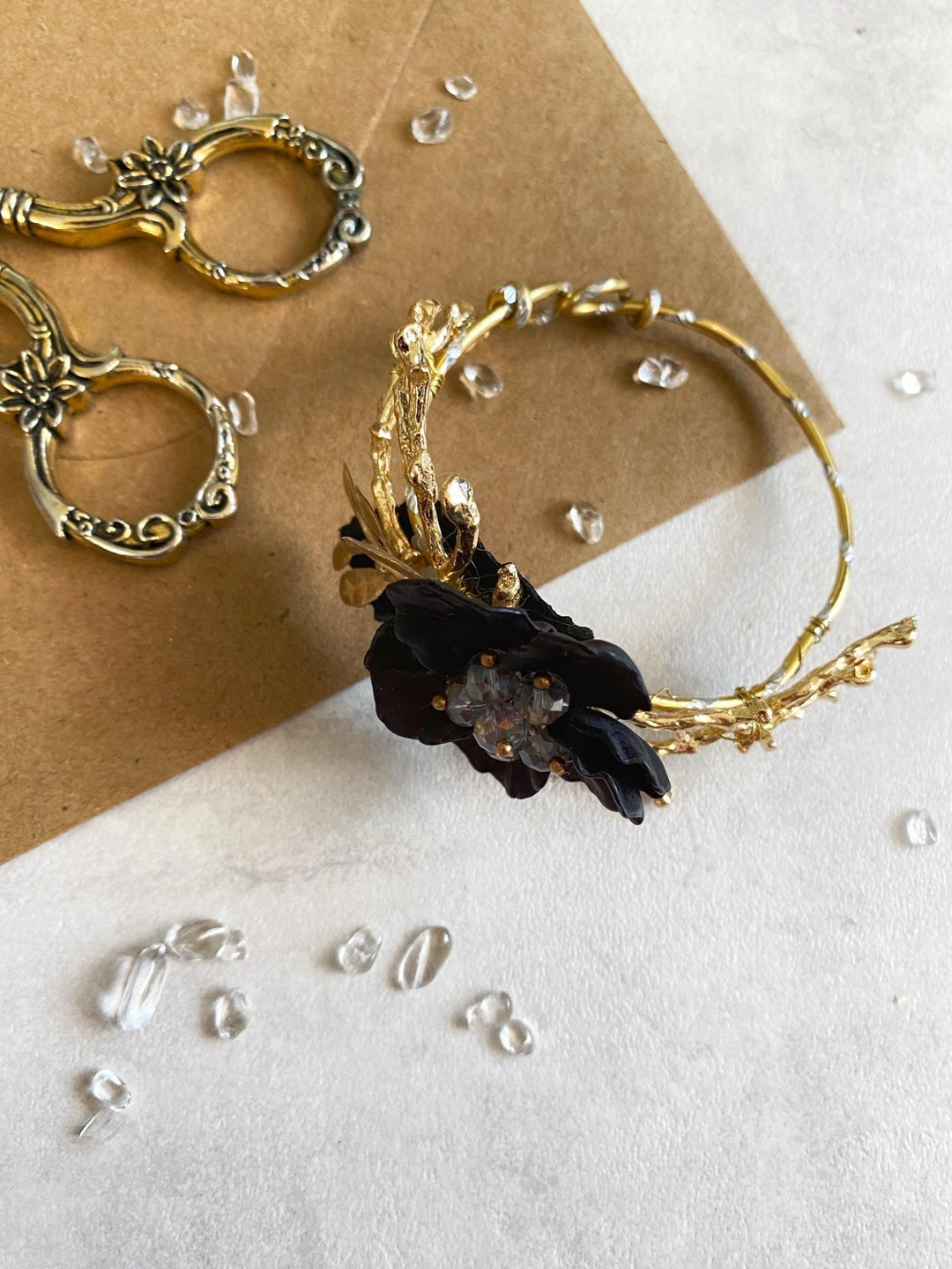 Black & Gold Flower Bracelet: Glam Wedding Wrist Corsage – handmade floral hair accessory by magaela