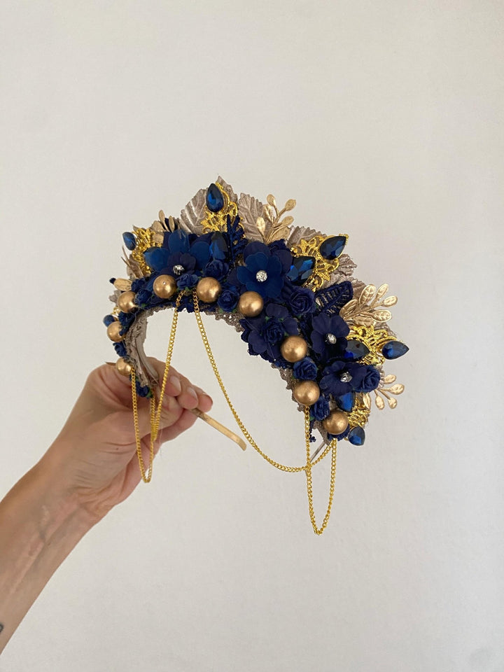 Royal Blue Gold Crown Headband: Glam Wedding Hair Jewelry – handmade floral hair accessory by magaela